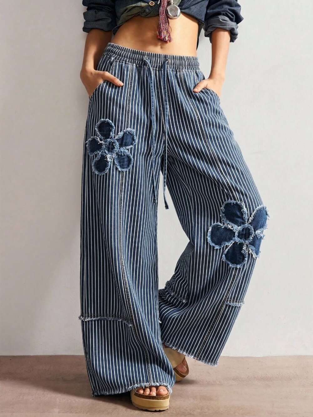 Blue And White Casual Women's Woven Denim Polka Dot Loose Wide Leg Long Pants - Picture 5 of 8
